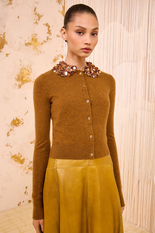 Margaux Embroidered Cashmere Cardigan - Umber